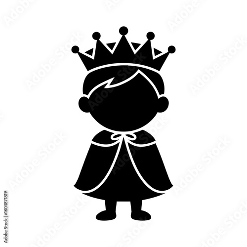Little prince silhouette icon with royal crown and cape.