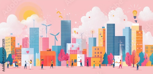 Wallpaper Mural Vibrant illustration of a sustainable city with people and renewable energy Torontodigital.ca