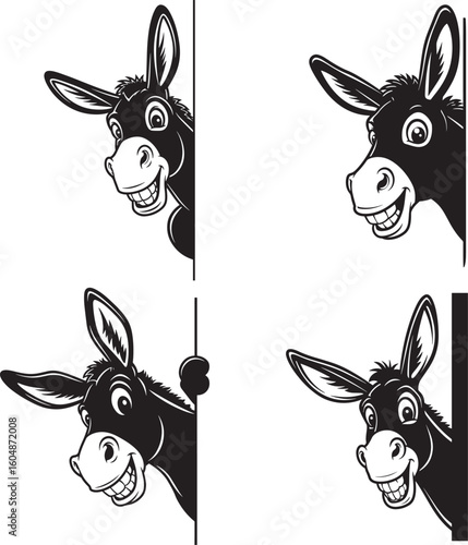 Four playful donkey heads peeking from the side silhouette