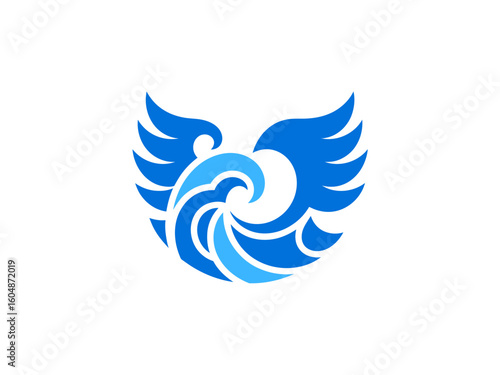 Abstract ocean wave and wings logo design in blue color scheme representing freedom power and nautical inspiration suitable for brand identity and emblem projects