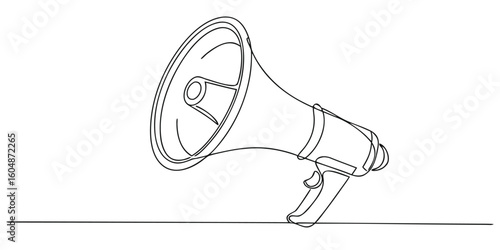 Black continuous line drawing of a megaphone announcement icon on a white background with a single horizontal line
