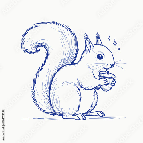 Doodle squirrel with nut drawn in blue ballpoint pen and hand-colored on white background, hand-drawn sketch style svg.