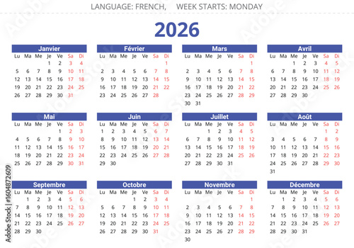 2026 french calendar - calendrier. Editable vector illustration for France, 12 months year
