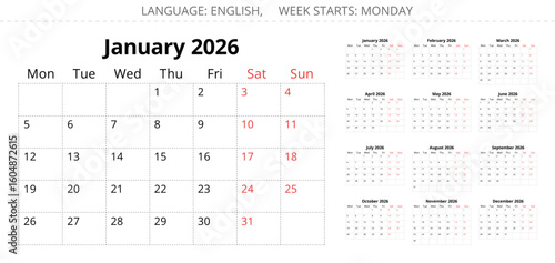 2026 calendar planner. Vector collection of English monthly page calendars. Design with Monday start