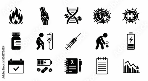 Autoimmune Disorders Diagnostics and Treatments Line Icon Set – Inflammation, Genetics, Immune Errors, Fatigue, Therapy, Symptom Tracking Vector Illustration

