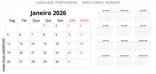 Set of PORTUGUESE monthly calendar planner for 2026 year. Vector collection set Portugal