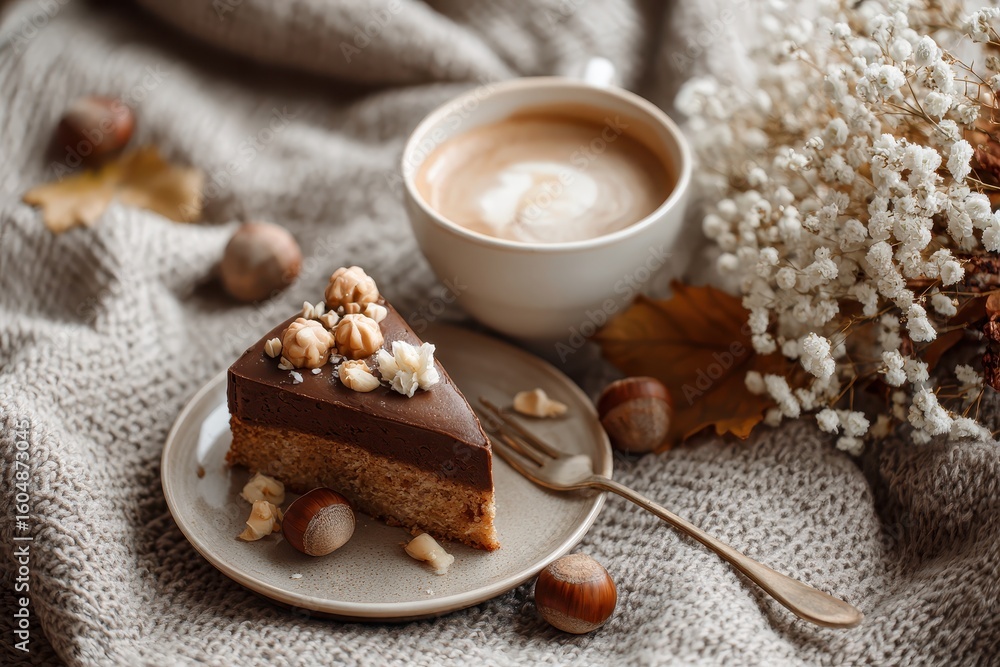 Fototapeta premium Cozy Autumn Scene with Cake and Coffee.