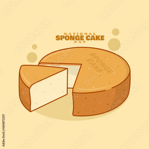 National Sponge Cake Day to celebrate on August 23rd. Cheese flavored sponge cake on bright yellow background. Dessert event banner.