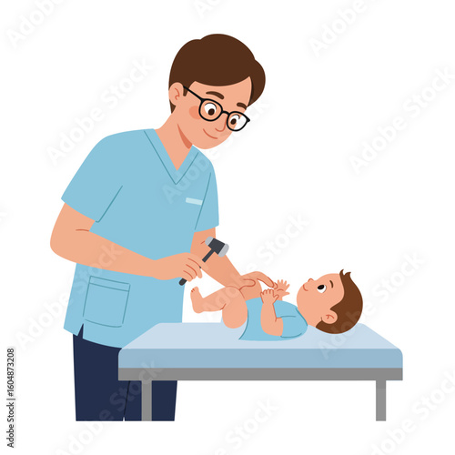 A doctor wearing scrubs and glasses examines a baby on a table with a reflex hammer.