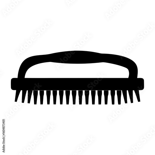 Silhouette of Handheld Scrub Brush Icon, Black silhouette of a handheld scrub brush with bristles and grip handle, ideal for cleaning, hygiene, and housekeeping concepts.
