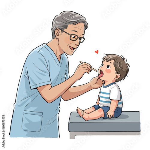 A doctor examines a young boy's throat with a tongue depressor, the child sits on the examination table.