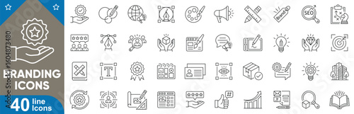 Branding line icons set. Including logo design, guidelines, color palette, typography, identity, visual style, letterhead and more. Vector illustration
