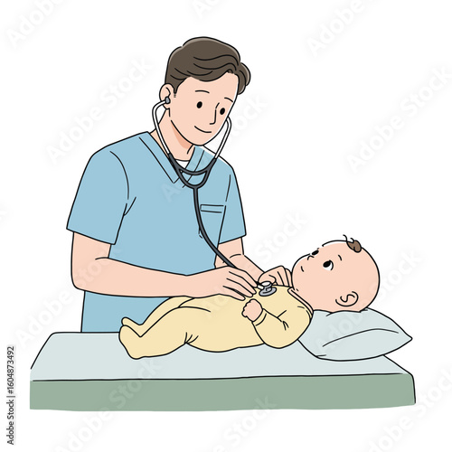 A doctor in scrubs uses a stethoscope to examine a baby lying on a pillow on an examination table.