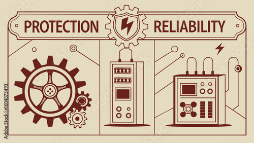 Illustration showcasing protection and reliability with gears, electrical panel and equipment design concept