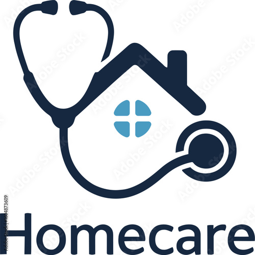Homecare logo with stethoscope and house for medical nursing services.