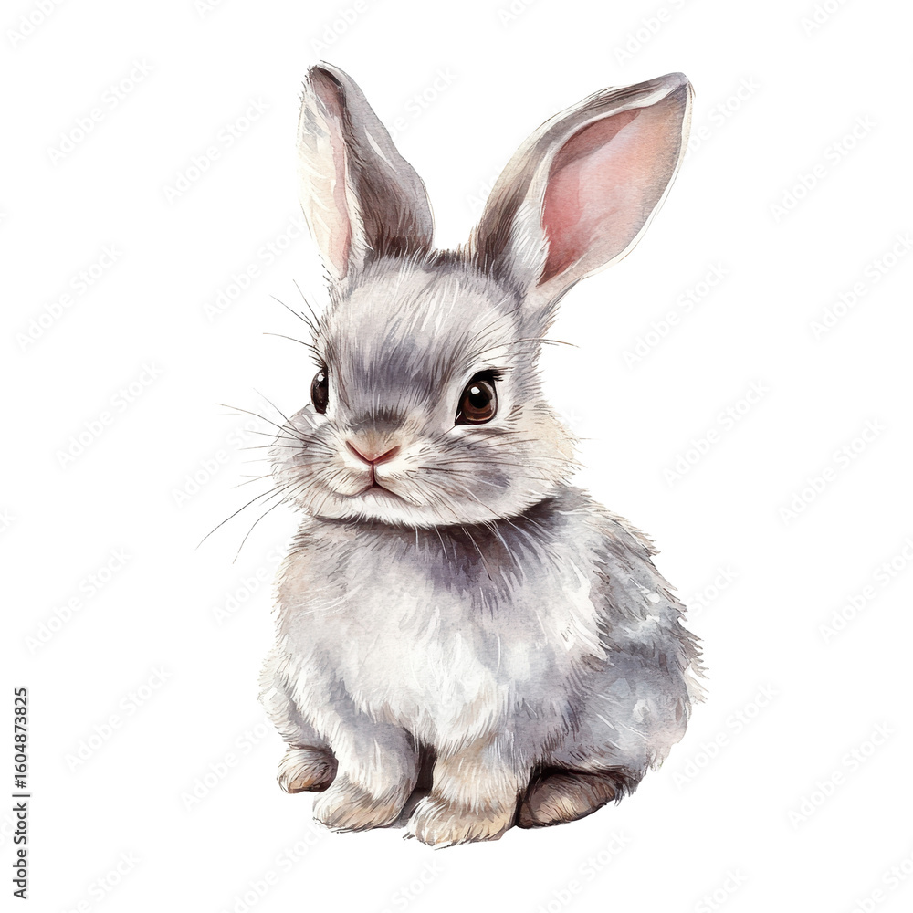 Obraz premium Cute gray rabbit sitting peacefully, showcasing detailed fur and expressive eyes, ideal for children's illustrations or nature themes