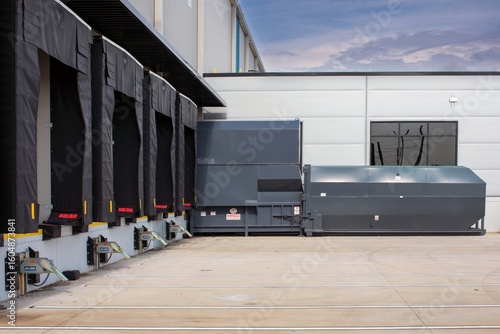Industrial trash compactor outside warehouse