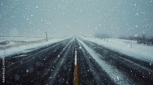 A snowy road with snow falling off the side