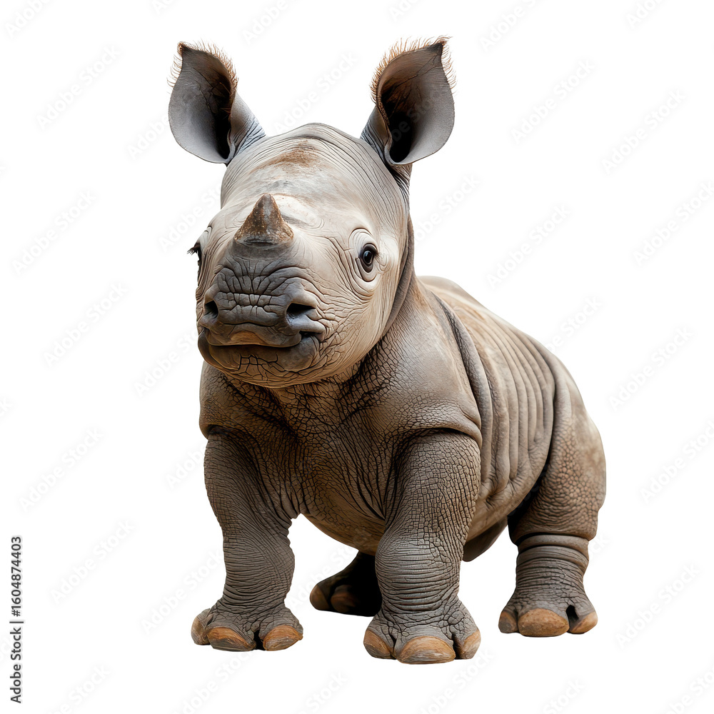 Fototapeta premium Baby rhinoceros standing on white background, displaying its unique features and adorable appearance