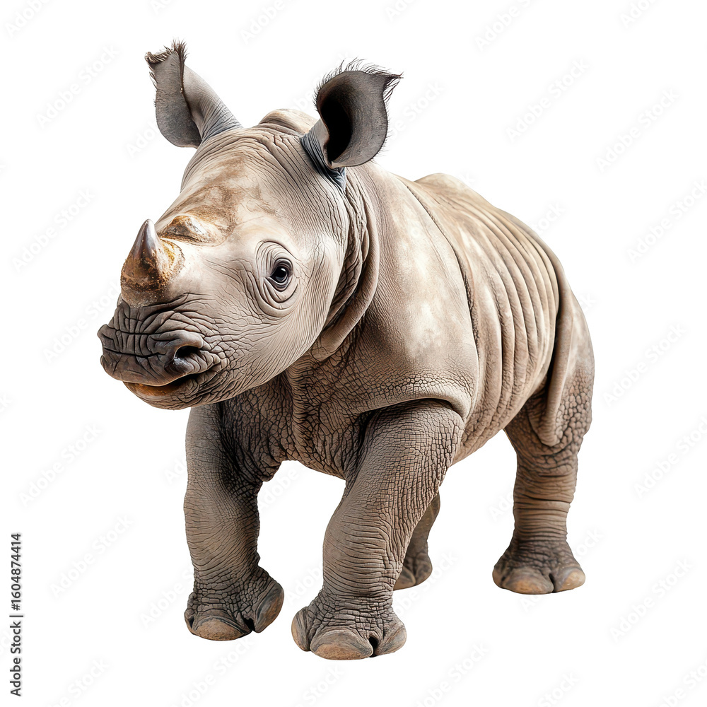 Fototapeta premium Cute young rhinoceros standing playfully on a plain background during a sunny day