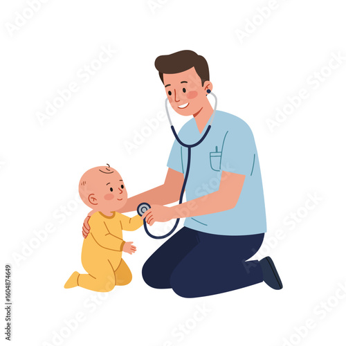 A male doctor kneels and uses a stethoscope to examine a baby in a yellow outfit, both smiling.