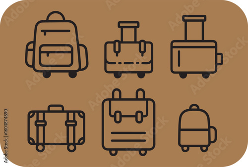 Collection of six distinct travel luggage icons featuring backpacks and wheeled suitcases presented in a clean outline style against a brown background