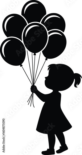 Silhouette of a little girl holding a bunch of party balloons.