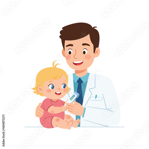 A smiling doctor in a white coat holds a thermometer near a happy baby girl wearing a pink outfit.