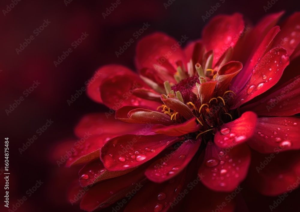 Fototapeta premium Close-up of a vibrant crimson flower with dew drops.