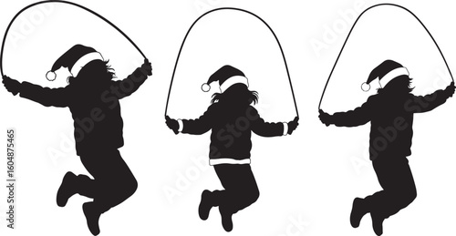 Three children in santa hats jumping rope silhouette