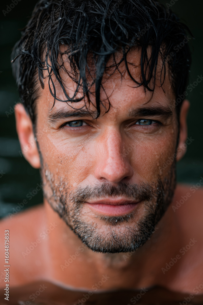 Fototapeta premium Man's Face and Upper Torso with Wet Hair