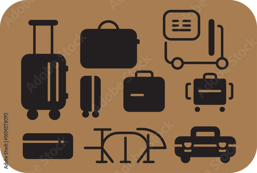 Collection of stylized black luggage and travel icons including suitcases bags a cart and a car on a brown background