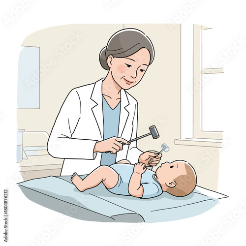 A doctor in a white coat examines a baby lying on an examination table with a reflex hammer and tongue depressor.