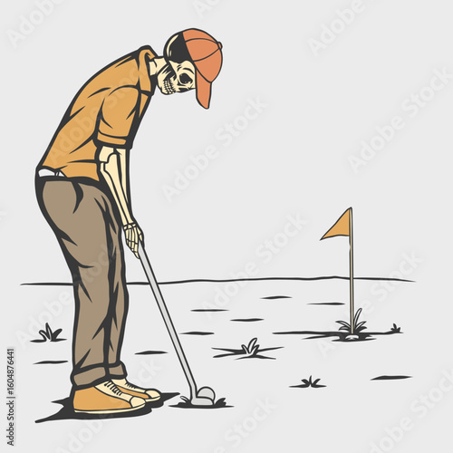 Vector illustration of a golfer focusing on a putting shot, in a hand-drawn cartoon style. Ideal for golf-related merchandise, sports editorial content, infographics, or leisure-themed graphics.