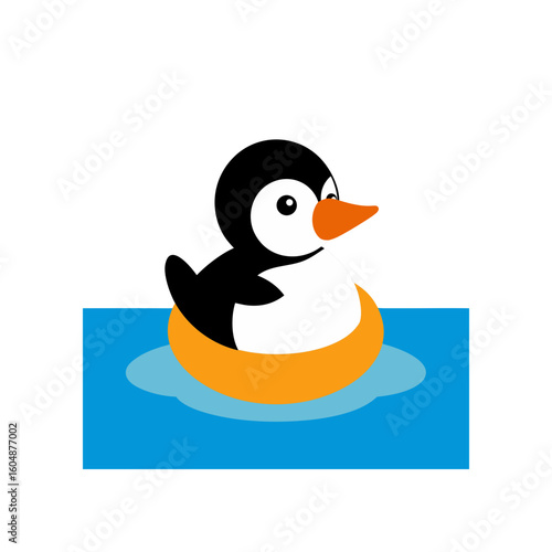 cartoon penguin floating on a rubber duck in the o