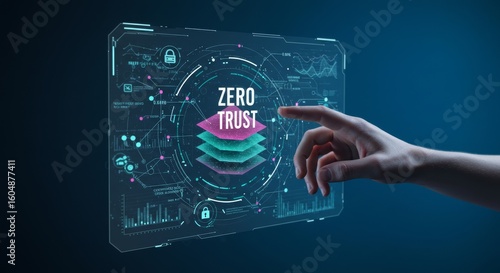 Zero Trust Security Strategy - Hand interacting with a futuristic interface displaying the concept of Zero Trust security, emphasizing layers of protection and security