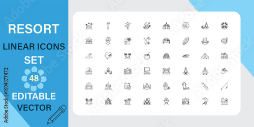 Resort linear icons set for travel and hospitality industry