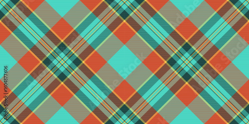 Vibrant diagonal plaid pattern in teal, orange, and brown.  Perfect for textile design, fashion, website backgrounds, or any project needing a stylish geometric texture.