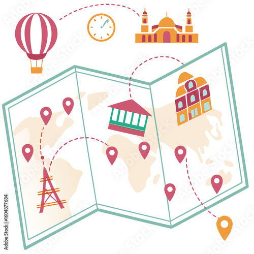 A stylized world map illustration depicts a travel itinerary with a hot air balloon clock and various landmarks connected by dotted lines and location pins