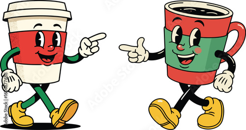 Funny coffee cup and mug mascot cartoon vector characters with happy faces and playful poses. Perfect for café branding, restaurant menu design, coffee shop advertising, and beverage illustrations.