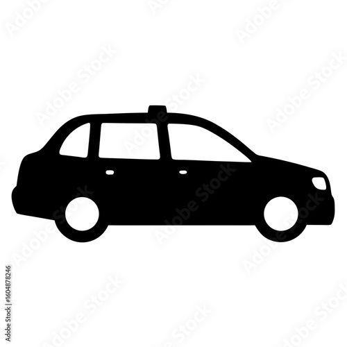 Simple black silhouette image of a classic London style taxi cab