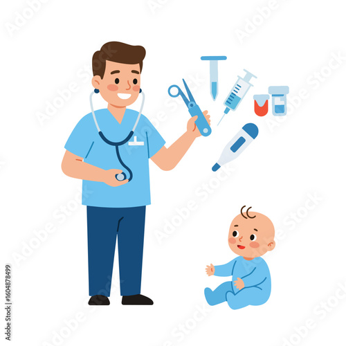 Smiling doctor in scrubs holds scissors, with medical tools floating around him, as a baby sits and looks up.