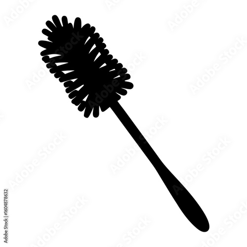 Monochrome silhouette illustration of a toilet bowl brush cleaning implement on white