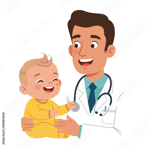 Cartoon illustration of a smiling male doctor holding a happy baby wearing a yellow onesie.
