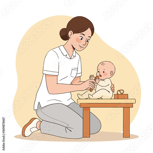 A woman kneels and feeds a baby sitting on a small table. The baby is holding a pretzel and looking up at the woman.