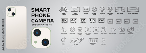 smart phone camera specifications icon set. vector illustration