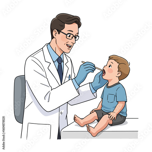 A doctor in a white coat and gloves examines a young boy's throat with a tongue depressor during a medical checkup.