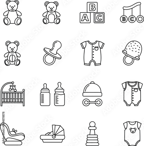 Baby Essentials Line Icons Set - Newborn Care and Playtime Illustrations