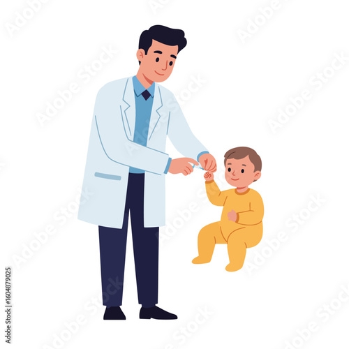 A doctor in a white coat examines a young child, holding their hand in a medical consultation.