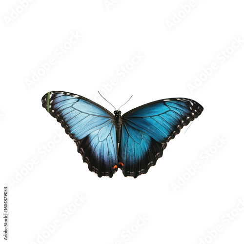 Colorful blue butterfly resting with wings fully spread in a natural habitat under bright sunlight
